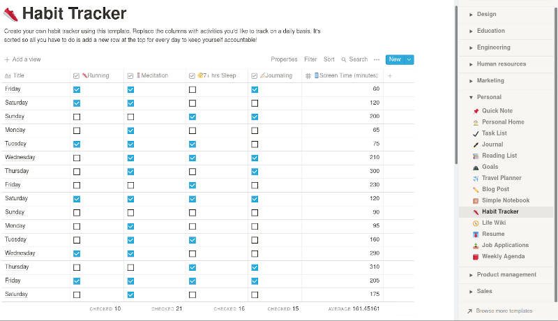 Notion table example in the Habit Tracker template