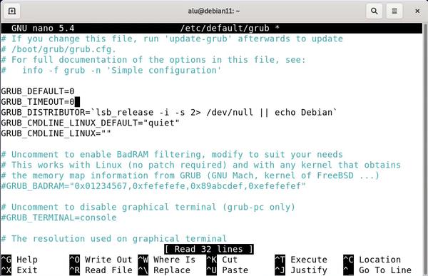 Setting GRUB timeout to 0 on Debian 11
