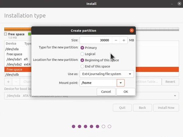 Ubuntu installer creating home partition