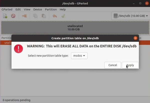 Formatting disk with MSDOS partition table