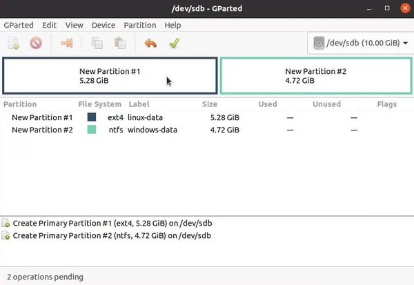Linux and Windows data partitions in GParted