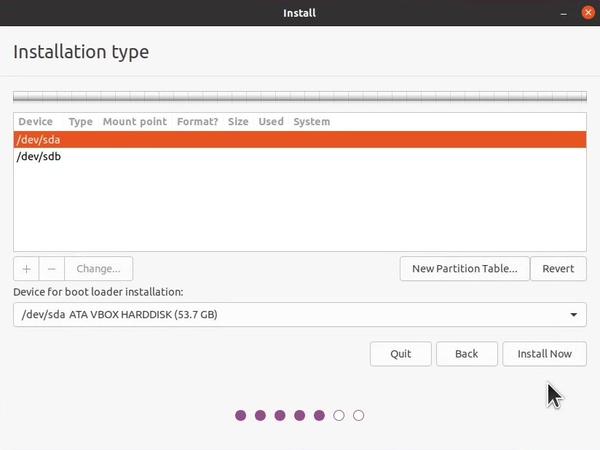Ubuntu installer partitions listing