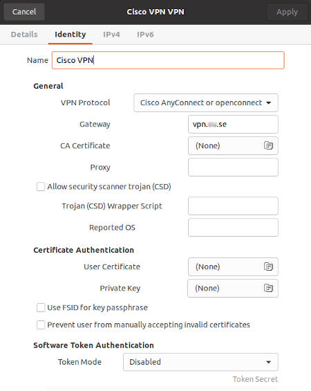 Cisco VPN OpenConnect Settings