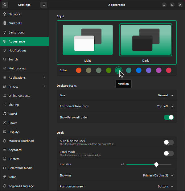 Appearance Settings in Ubuntu 22.04