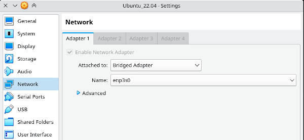 VirtualBox Bridge Adapter settings