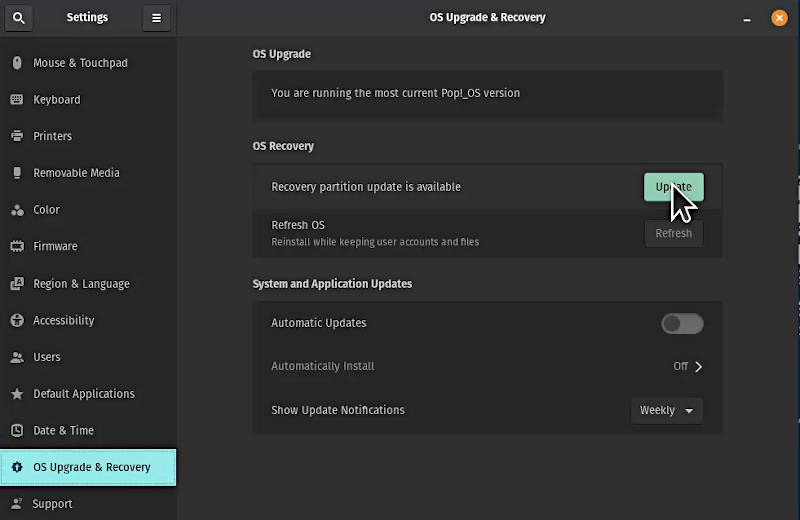 Update Recovery Partition Settings