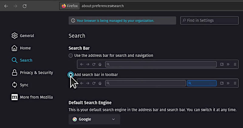 Firefox search bar settings