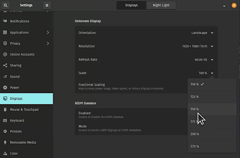 Fractional scaling options in the Settings