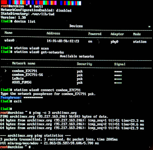 arch install session connecting to Wi-Fi