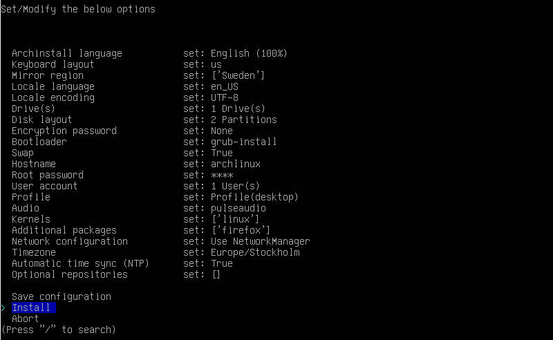 archinstall interface