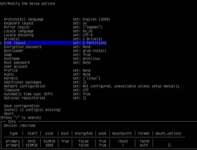 archinstall partitioning